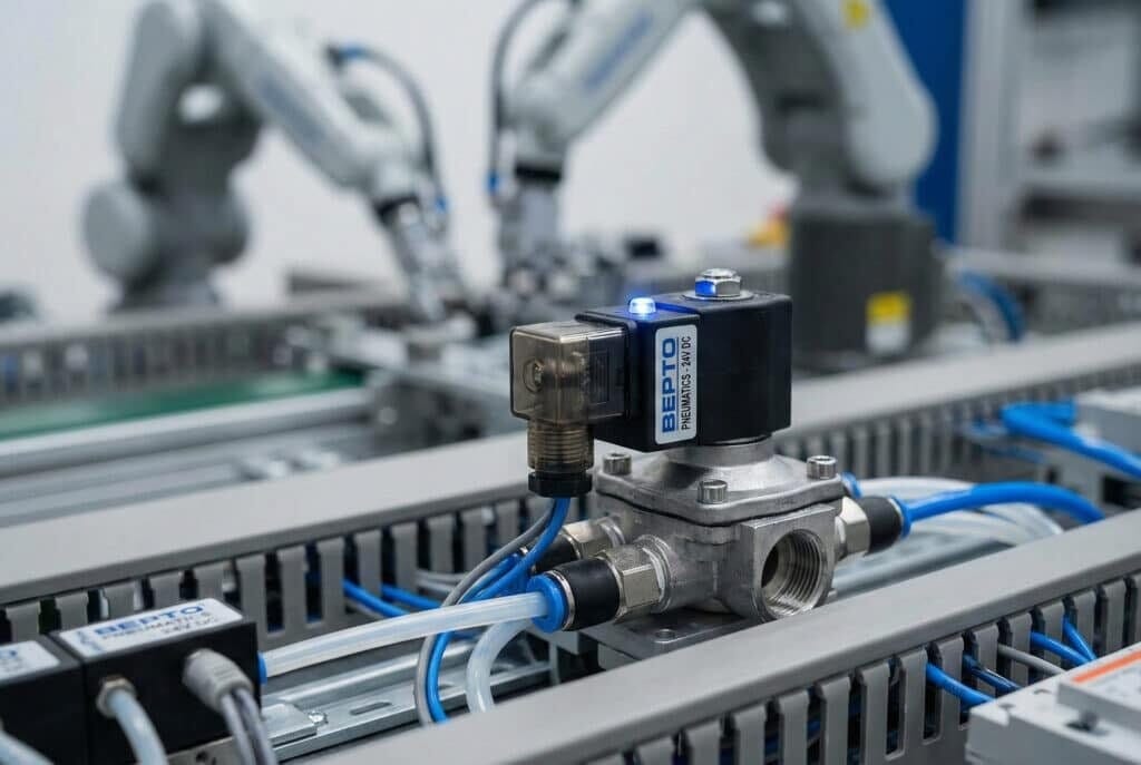 자동화 설비에 장착된 솔레노이드 밸브 현장 사진