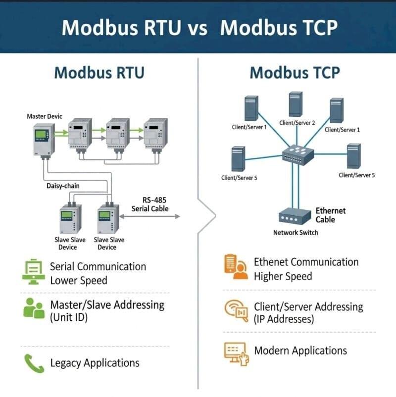 Modbus TCP와 RTU 차이 비교 — 이더넷 vs RS-485, MBAP 헤더 vs CRC