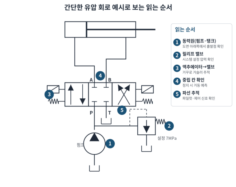 유압 회로도 기호로 그린 간단한 회로 예시와 읽는 순서 5단계