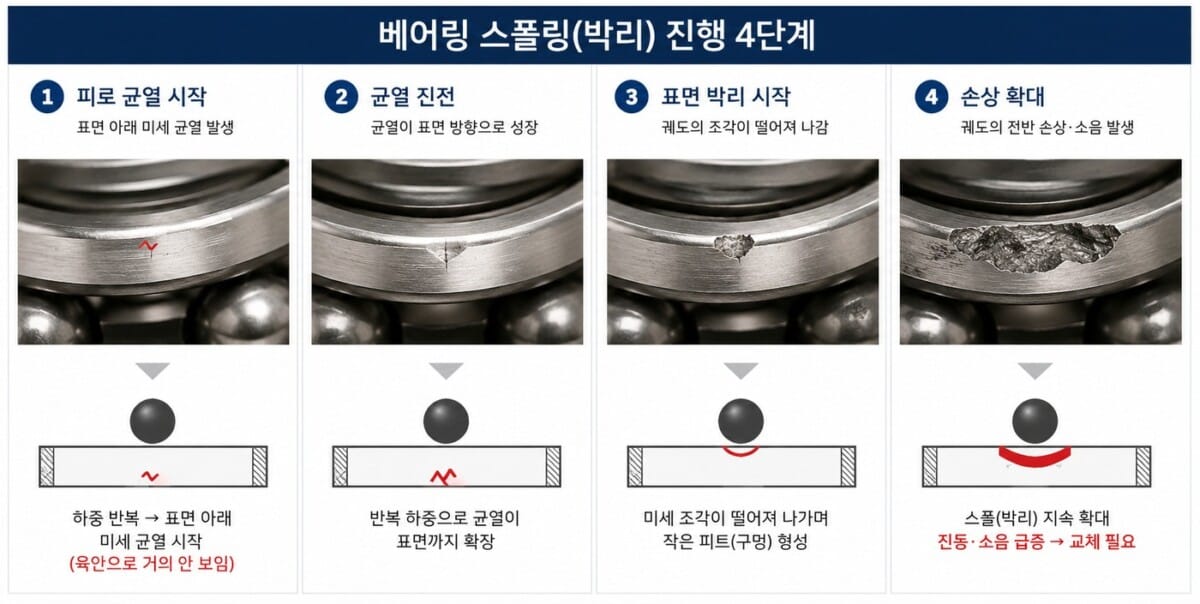 베어링 스폴링(박리) 진행 4단계 — 피로 균열에서 표면 손상까지 (실제 궤도면 사진 포함)