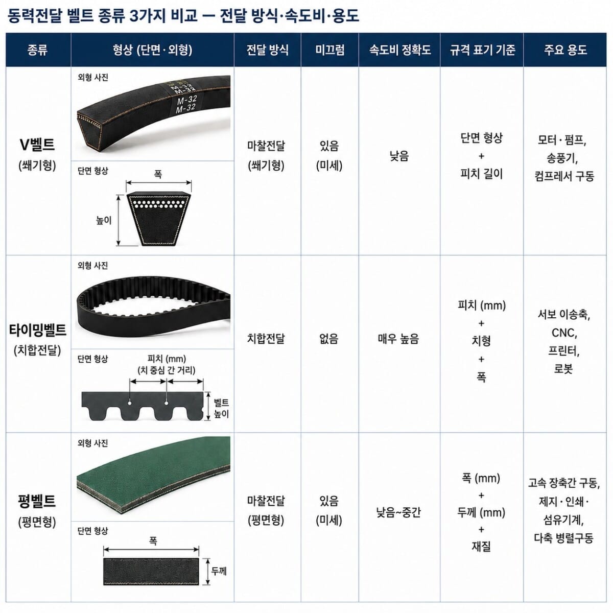 동력전달 벨트 종류 3가지 비교 - 전달 방식 속도비 용도