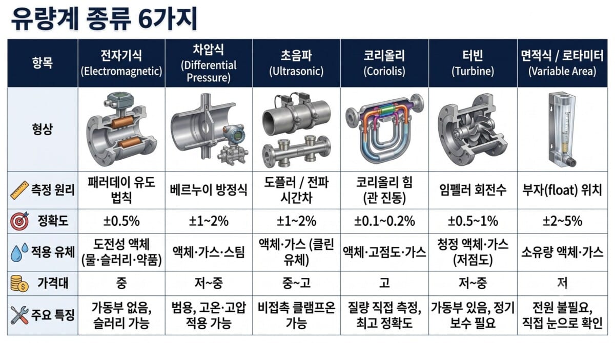 유량계 종류 6가지 비교표 — 전자기식·차압식·초음파·코리올리·터빈·면적식 형상과 측정원리