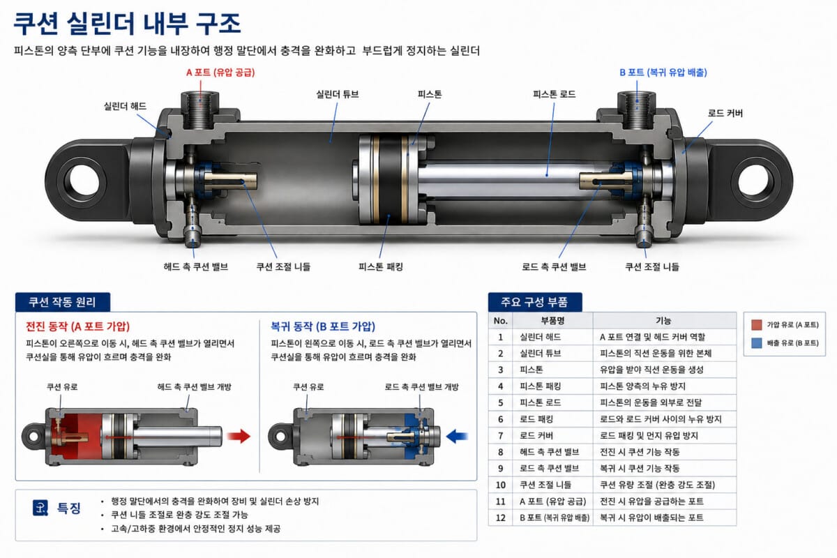 쿠션 유압 실린더 단면도 — 쿠션 슬리브·쿠션 니들 명칭 표시