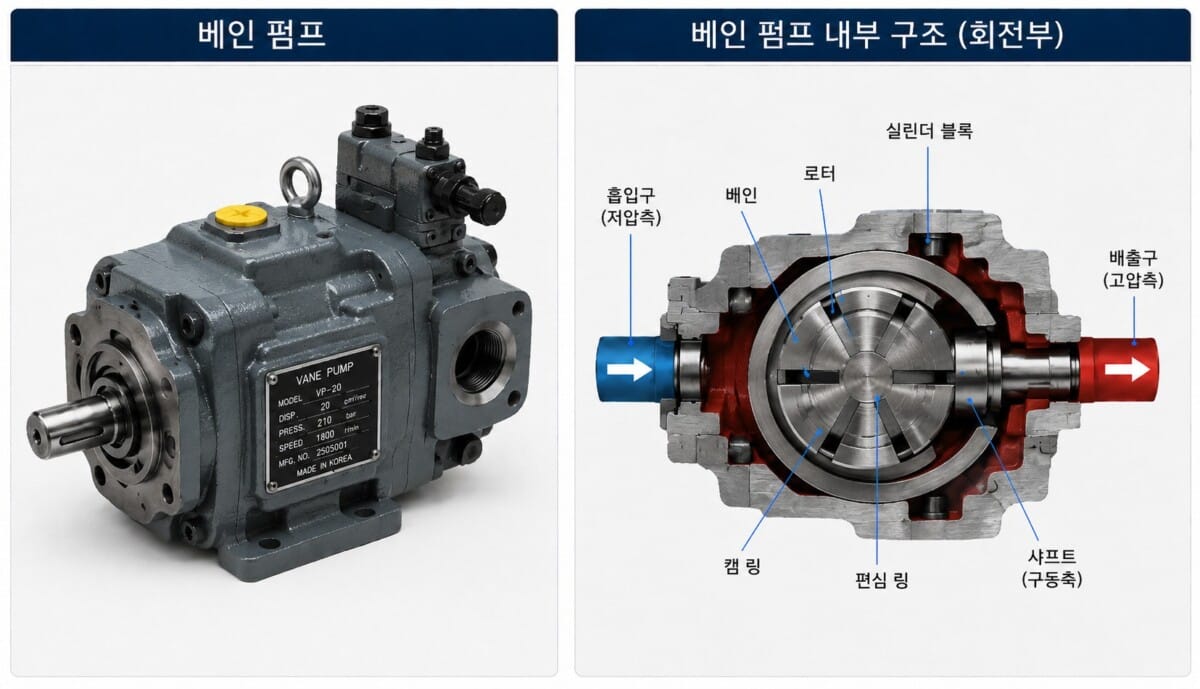 유압 펌프 베인 타입 제품 사진과 캠 링·로터 내부 구조도