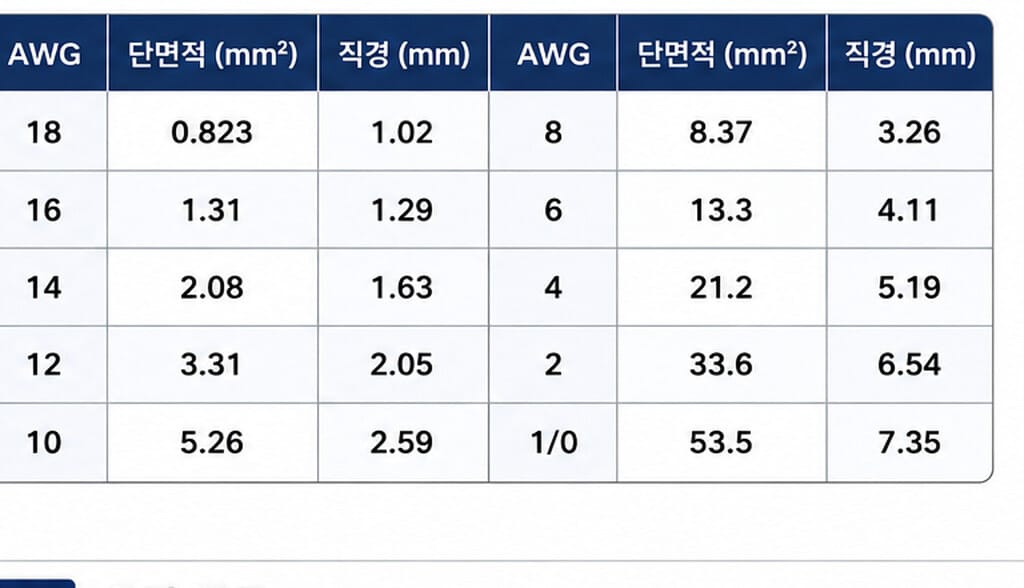 전선 굵기 선정 — AWG 단면적 직경 변환표