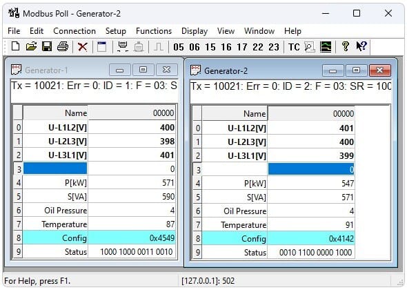Modbus Poll 소프트웨어로 RS-485 통신 테스트하는 화면