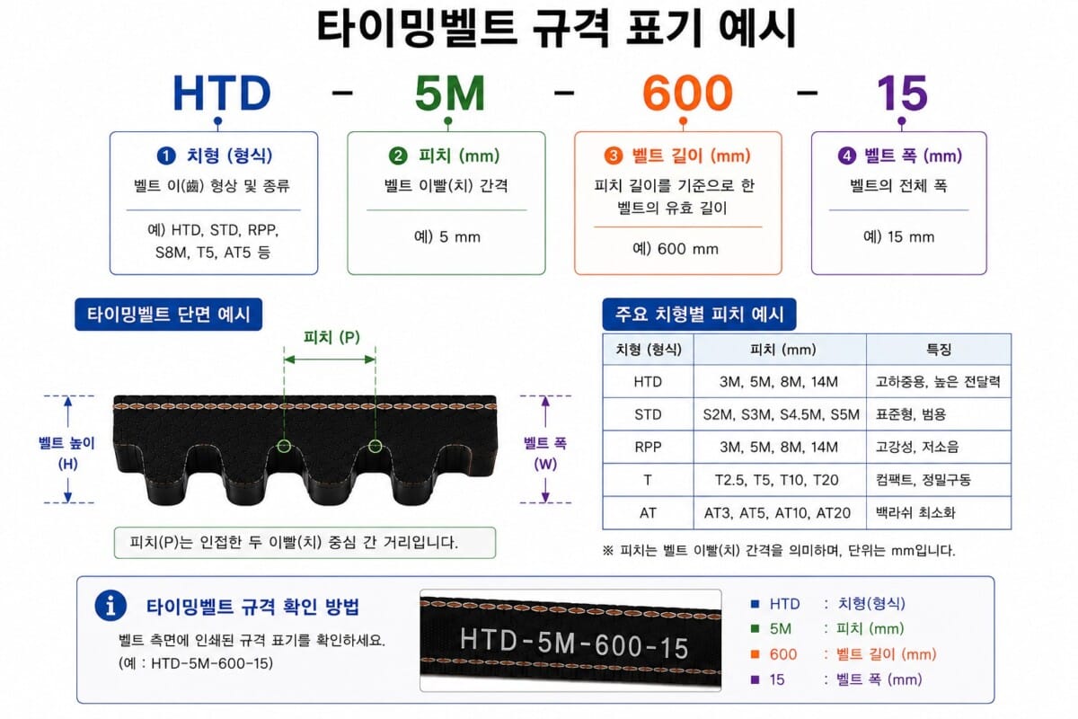 타이밍벨트 규격 표기 예시 HTD-5M-600-15